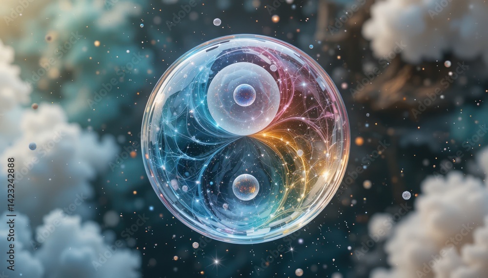 Aufkleber exploring quantum realities harmonizing energy spheres digital universe abstract art cosmic environm