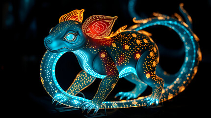 Fototapeta premium A glowing mystical creature with golden markings translucent wings and luminous features stands gracefully in a dark enchanted forest evoking fantasy wonder and magical presence ai.