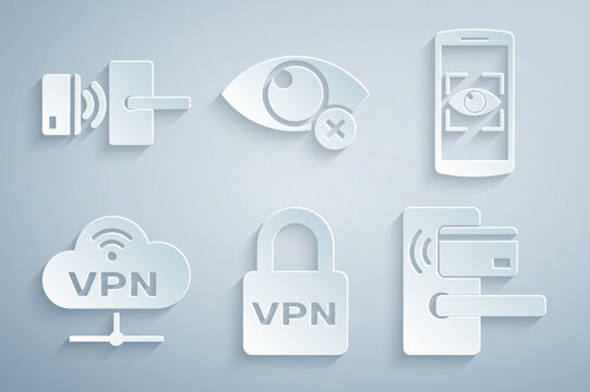 Set Lock VPN, Mobile and eye scan, Network cloud connection, Digital door lock with wireless, Invisible hide and icon. Vector