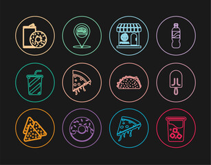 Set line Glass with water, Ice cream, Pizzeria building facade, Slice of pizza, Aluminum can soda and donut, Taco tortilla and Location burger icon. Vector
