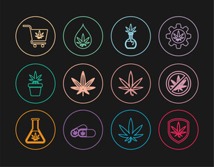 Set line Shield and marijuana, Stop, Test tube with, Marijuana or cannabis leaf, plant in pot, Shopping cart, and oil icon. Vector