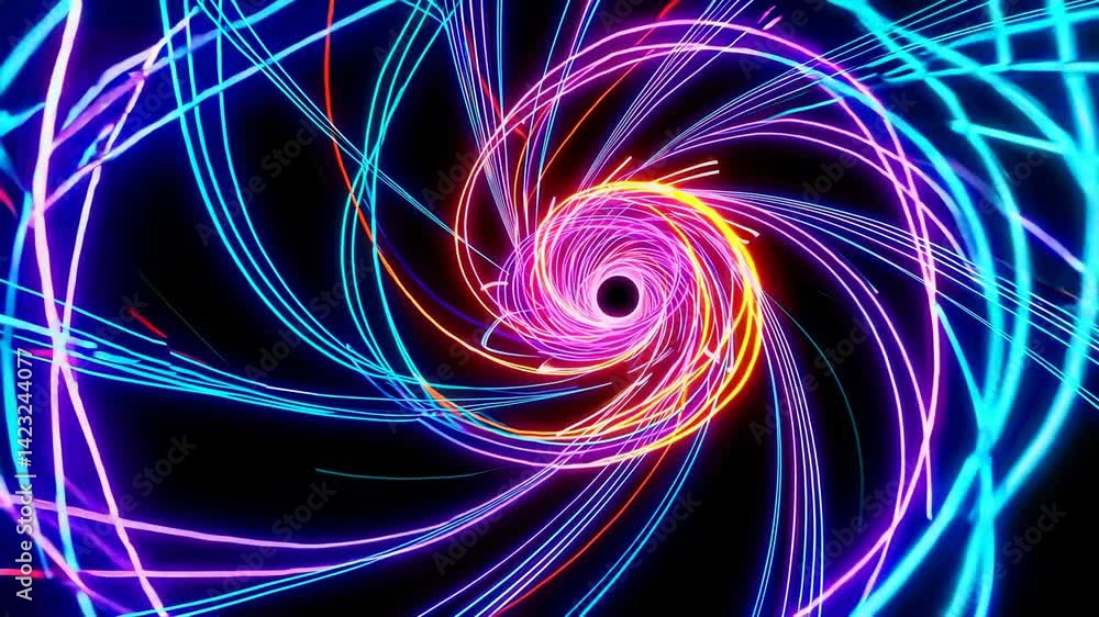 Poster a spiral features an orb of light, multicolored lines in a vortex, and an abstract neon ring backgro