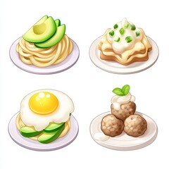 cartoon illustration set of 4 colorful of a spaghetti carbonara with avocado slices and meatballs, and soft shading, shown from a side angle, light and fresh vibe, clean white background