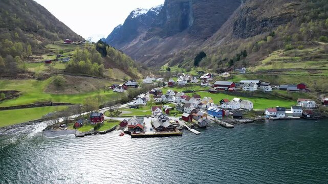 Beautiful overview of the fishing village Undredal on the mountain near Flam in Norway.