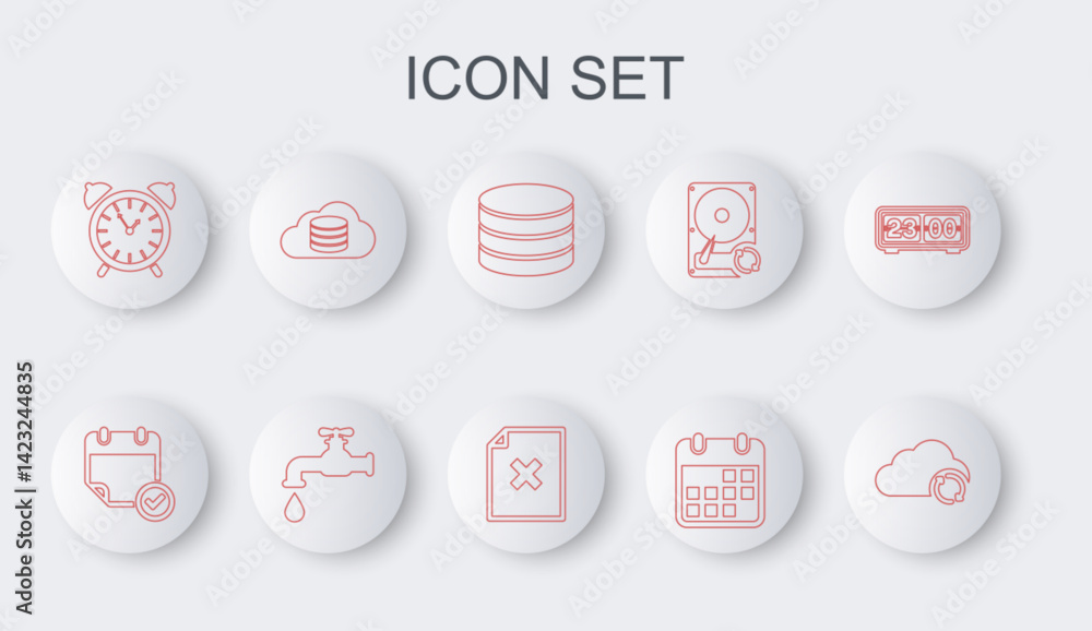 Poster set line cloud sync refresh, calendar with check mark, database, alarm clock, database, water tap an