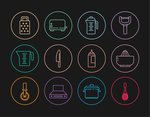 Set line Kitchen whisk, Citrus fruit juicer, Teapot, Knife, Measuring cup, Grater, Sauce bottle and Toaster icon. Vector