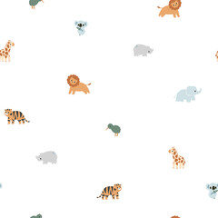 Seamless pattern with cute safari animals elephant, koala, kiwi bird, lion, rhinoceros, tiger, and giraffe. Small wallpapers, hand-drawn vector illustrations for children © zenina