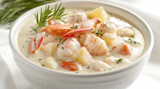 Creamy seafood chowder with shrimp and crab served in a white bowl with herbs on top