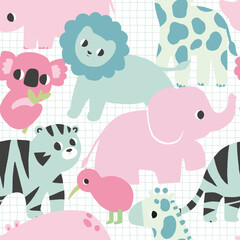 Seamless pattern with cute safari animals elephant, koala, kiwi bird, lion, rhinoceros, tiger and giraffe. Hand drawn vector illustration for kids and babies. Bright colors
