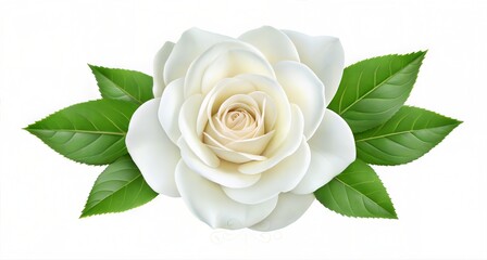 Naklejka premium Fully bloomed white rose with lush green leaves on white background digital art with fine detail