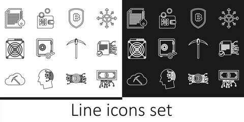 Set line Cryptocurrency bitcoin with circuit, Smart contract, Shield, Proof of stake, ASIC Miner, Pickaxe and icon. Vector