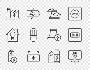 Set line Battery, Electric plug, Nuclear power plant, Car battery, LED light bulb, Eco fuel canister and Electrical outlet icon. Vector