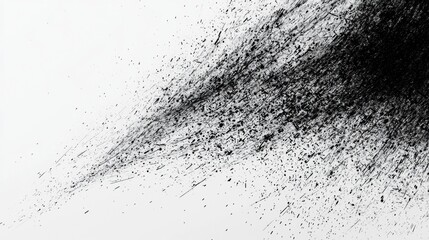 Black ink splatter creates dynamic texture on a white background showcasing artistic expression and movement