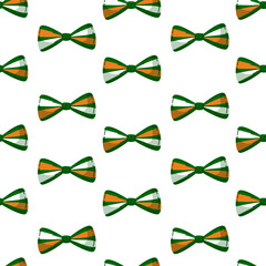 Green, white, and orange bow ties seamless pattern. Perfect for St. Patrick's Day decorations, textiles, and festive backgrounds. Vector illustration