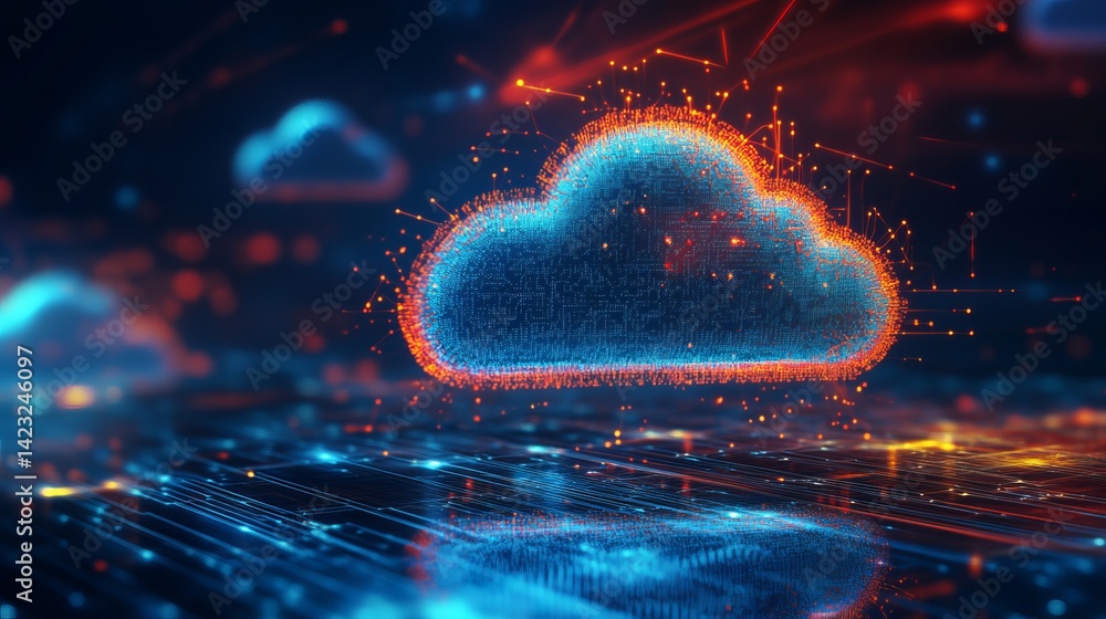 Poster abstract digital cloud computing network technology data visualization 3d red blue cyber lines serve
