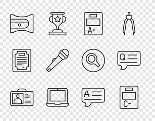 Set line Identification badge, Exam paper with incorrect answers, sheet A plus grade, Laptop, Pencil sharpener, Microphone, Speech bubbles Answer and Question icon. Vector