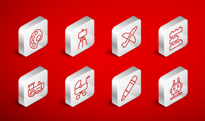 Set line Robot toy, Wood easel, Toy plane, building block bricks, Pencil with eraser, Palette, Baby stroller and train icon. Vector