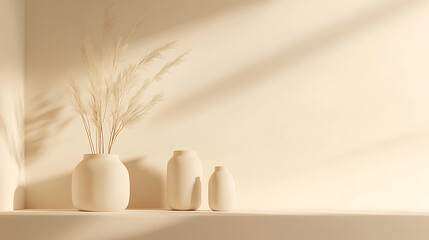 Elegant display of minimalistic vases with dried grass under soft sunlight for a fresh and tranquil atmosphere