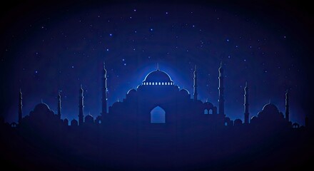 Fototapeta premium Serene Night Sky Islamic Background Glowing Mosque Silhouettes Stars