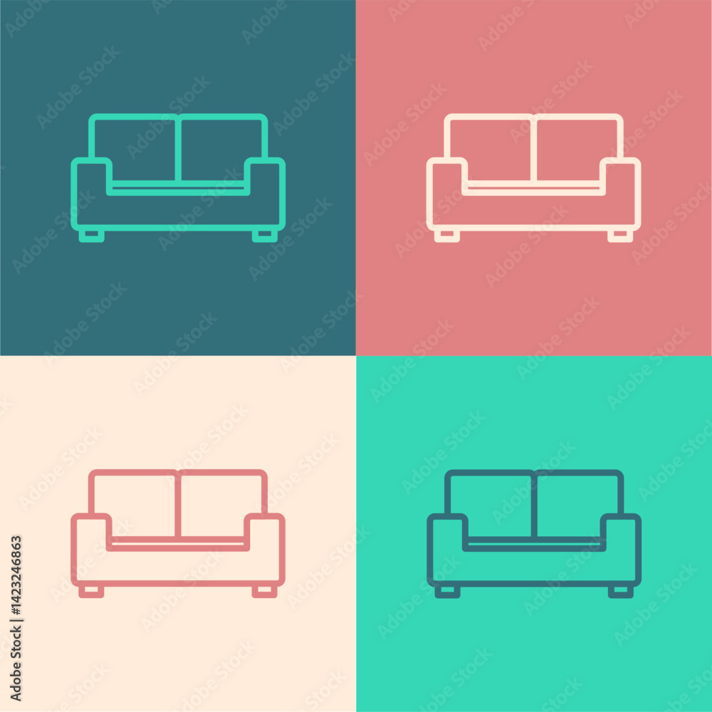 Poster pop art line sofa icon isolated on color background. vector