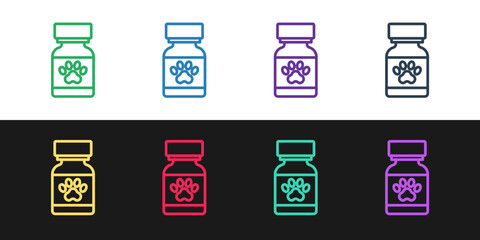 Set line Medicine bottle and pills icon isolated on black and white background. Container with pills. Prescription medicine for animal. Vector