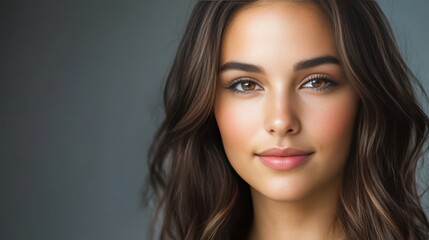 Fototapeta premium Young woman with natural beauty posing against a neutral background showcasing her healthy skin and expressive eyes