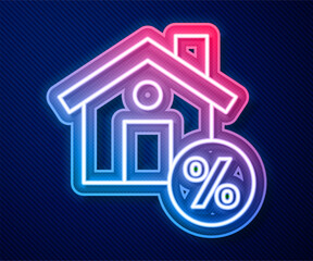 Glowing neon line House with percant discount tag icon isolated on blue background. Real estate home. Credit percentage symbol. Vector