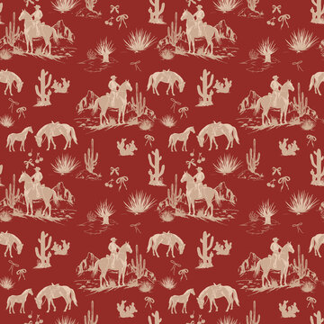 Cute Rodeo Cowboys seamless pattern. desert landscape with cacti repeating background. Wild West surface pattern design for All fabric and Prints
