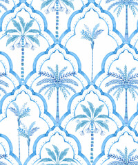 Seamless Multicolored Watercolor Moroccan Pattern with Stylized Palm Trees and Geometric Texture , Creative Repeat Modern Pattern with Ornamental Design © Zenina-Lembrik