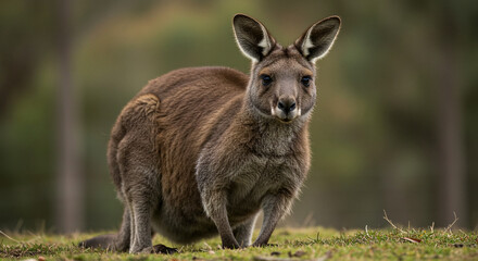 Fototapeta premium Standing Kangaroo on Green Grass with Forest Background