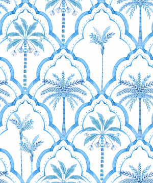 Seamless Multicolored Watercolor Moroccan Pattern with Stylized Palm Trees and Geometric Texture , Creative Repeat Modern Pattern with Ornamental Design