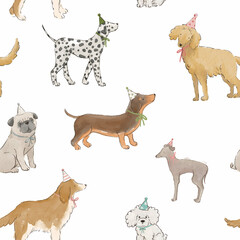 Cute Dogs Doodle Watercolor Set - Cartoon Dogs in Caps Character Designs, Set of Funny Pet Animals Isolated on White Background, Kids Wallpaper for Animal Themes