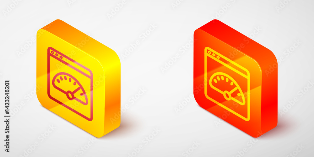 Poster isometric line digital speed meter icon isolated on grey background. global network high speed conne