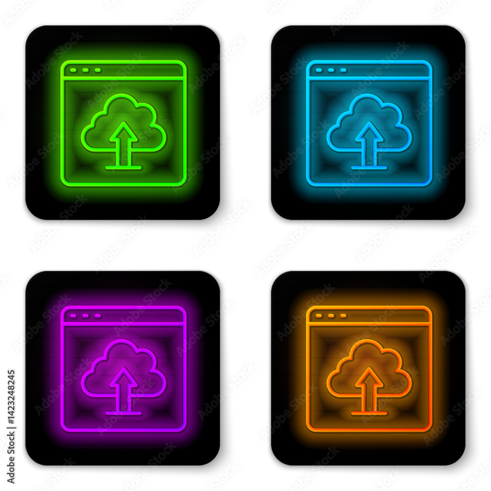 Poster glowing neon line cloud upload icon isolated on white background. black square button. vector