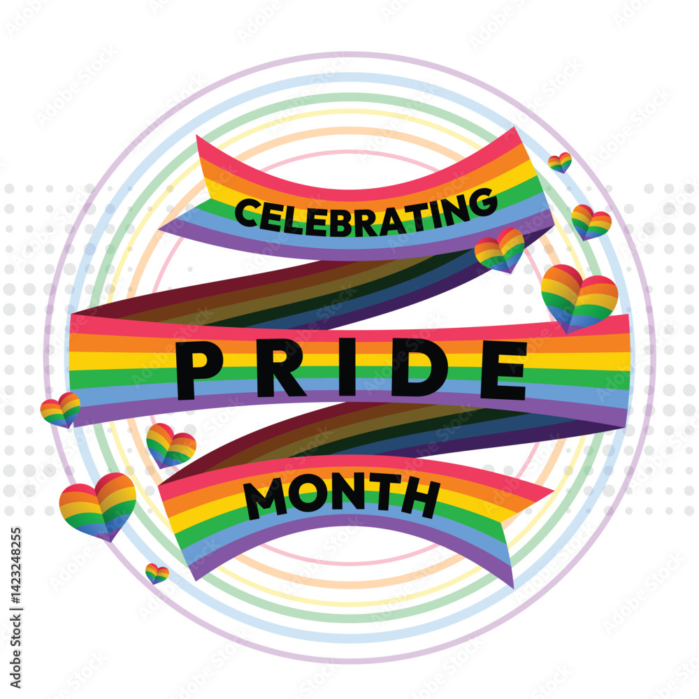Poster celebrating pride month text on ribbon rainbow flag roll curve with rainbow heart around on dot text