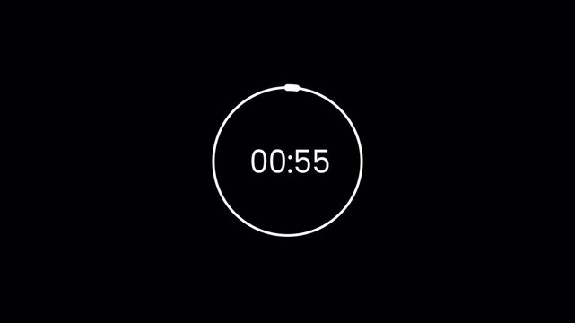 1 minute countdown timer on transparent background, countdown timer from 60 to 0 with alpha channel.	