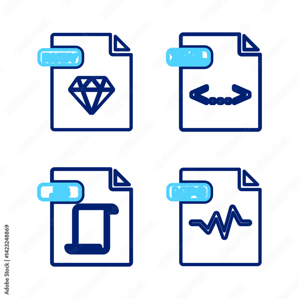 Poster set line mp3 file document, js, xml and ruby icon. vector