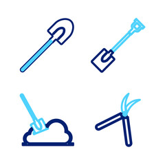 Set line Gardening handmade scissor, Shovel the ground, shovel and icon. Vector