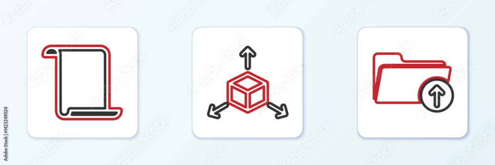 Poster set line upload file, paper scroll and isometric cube icon. vector