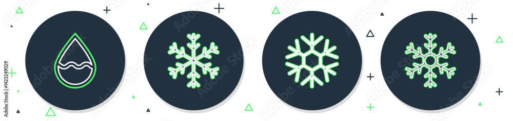 Poster set line snowflake, water drop and icon. vector