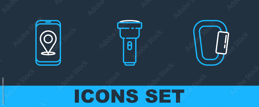 Poster set line carabiner, city map navigation and flashlight icon. vector