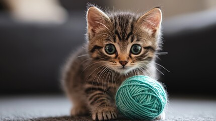 Playful kitten interacts with a ball of yarn in a cozy indoor setting during the afternoon