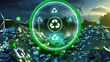 Futuristic recycling technology interface over landfill with wind turbines and digital green eco icons under a cloudy sky

 - Powered by Adobe
