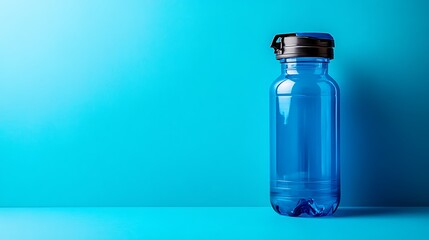 Blue plastic water bottle on bright blue background