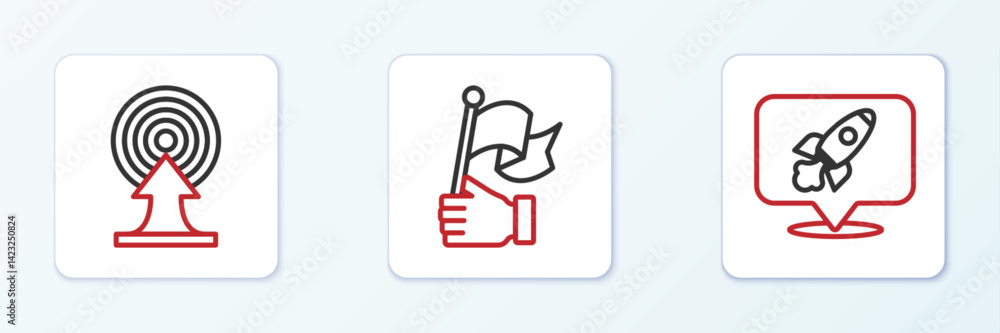 Poster set line rocket ship, target with arrow and hand holding flag icon. vector