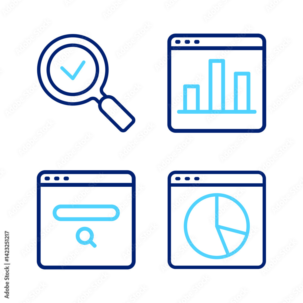 Poster set line graph chart infographic, search engine, and magnifying glass with check mark icon. vector