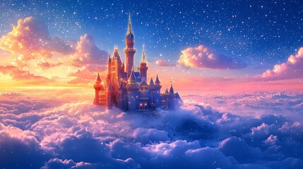 Magical castle in the clouds during sunset surrounded by shimmering stars and a colorful sky