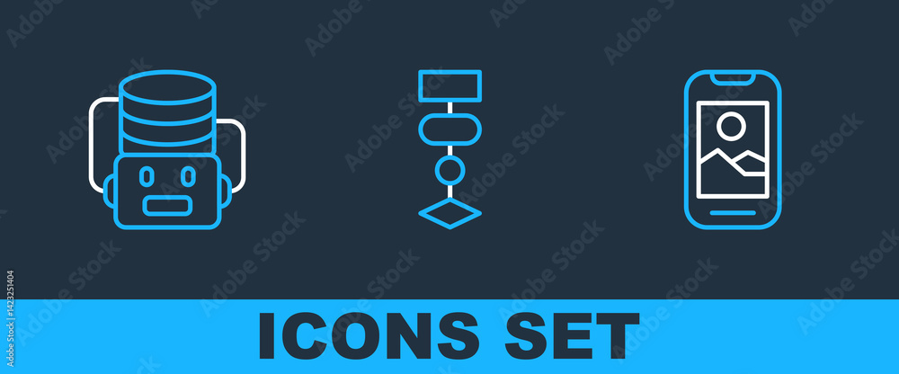 Poster Set line Mobile phone, Artificial intelligence robot and Algorithm icon. Vector