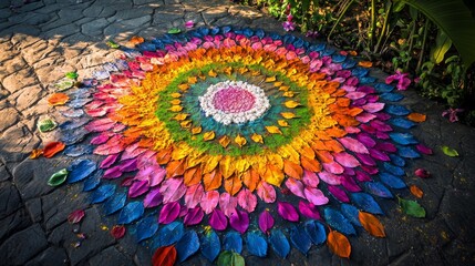 Colorful floral rangoli design created with petals and colored powders at a festive celebration during daylight