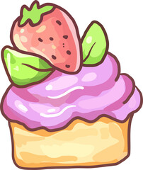 Cute cupcake with pink frosting, a strawberry on top, and green leaves. Cartoonish and colorful illustration.